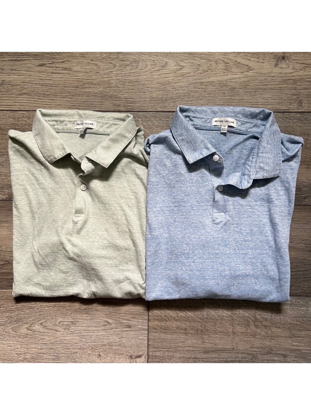 Lot of 2 Peter Millar Men's XL Polo Shirts Linen Cotton Blend Green Blue Golf